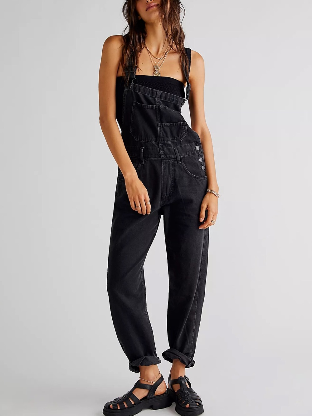 Free People Ziggy Black Denim Overalls Size L